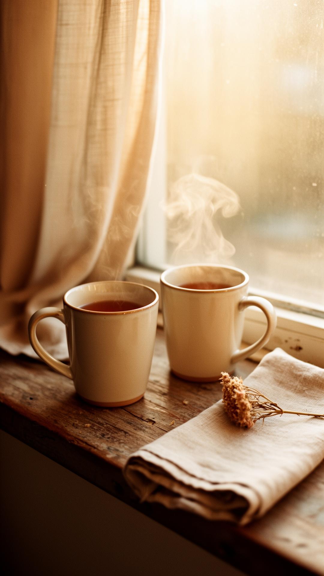 Two mugs of tea on a sunlit windowsill